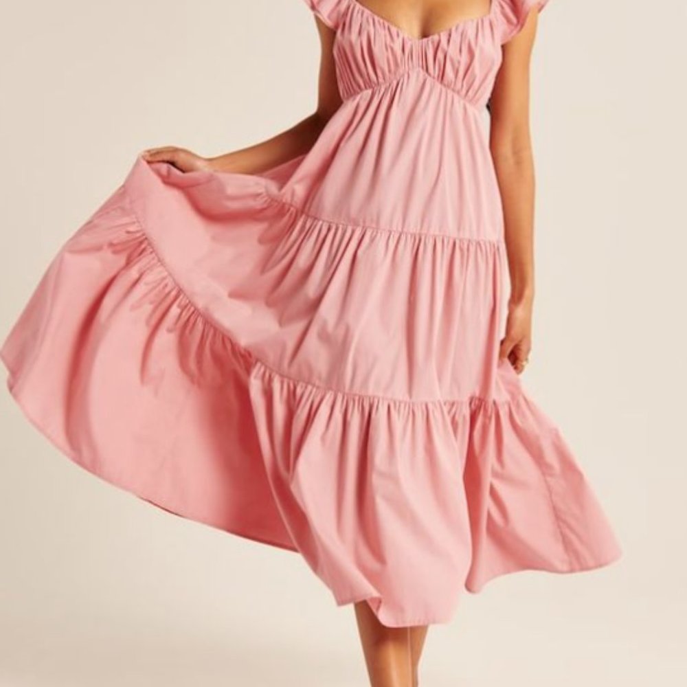 Abercrombie and Fitch ruffle sleeve poplin Midax dress in pink PETITE